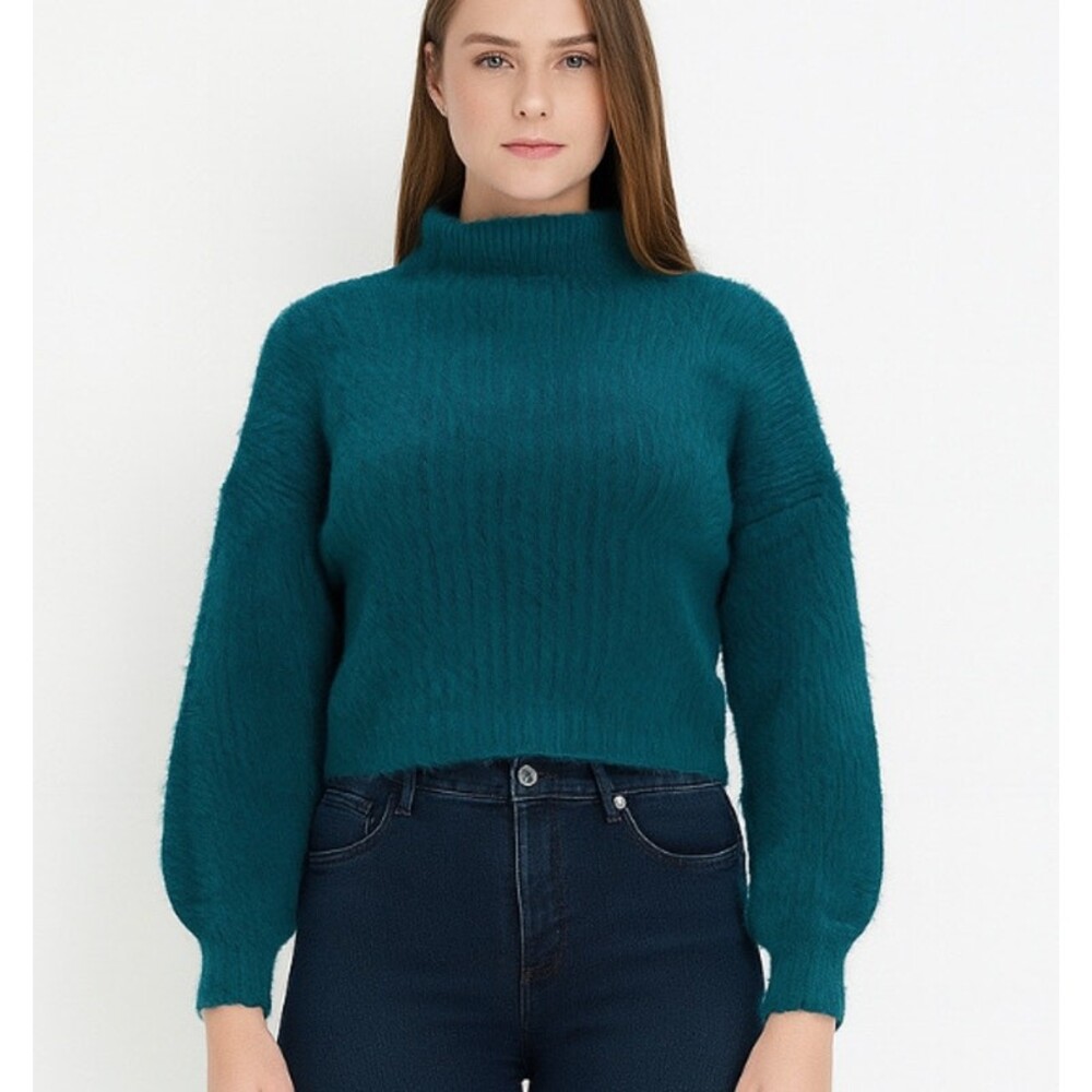 Prima sweater soft fluffy mock neck balloon sleeve green SZ MD ribbed